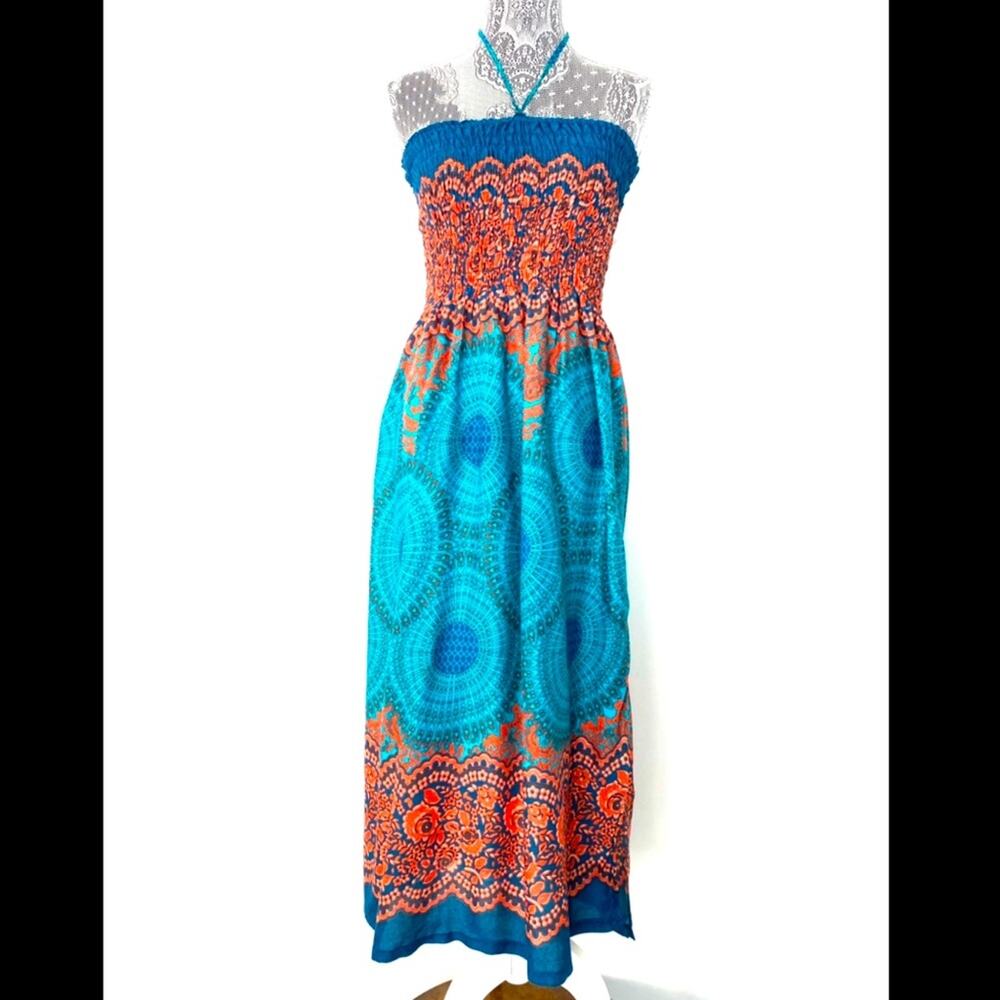 Womens Bali Smocked Lightweight Halter Midi Resort Vacation Casual Dress OS - Picture 2 of 7
